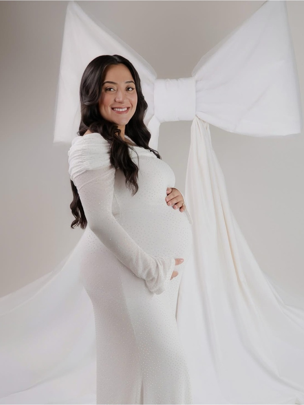 White sparkling dress maternity photoshoot